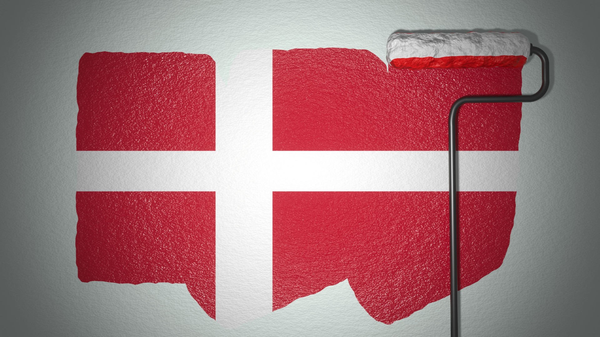 Roller paints the wall in colors of 
Danish flag.
